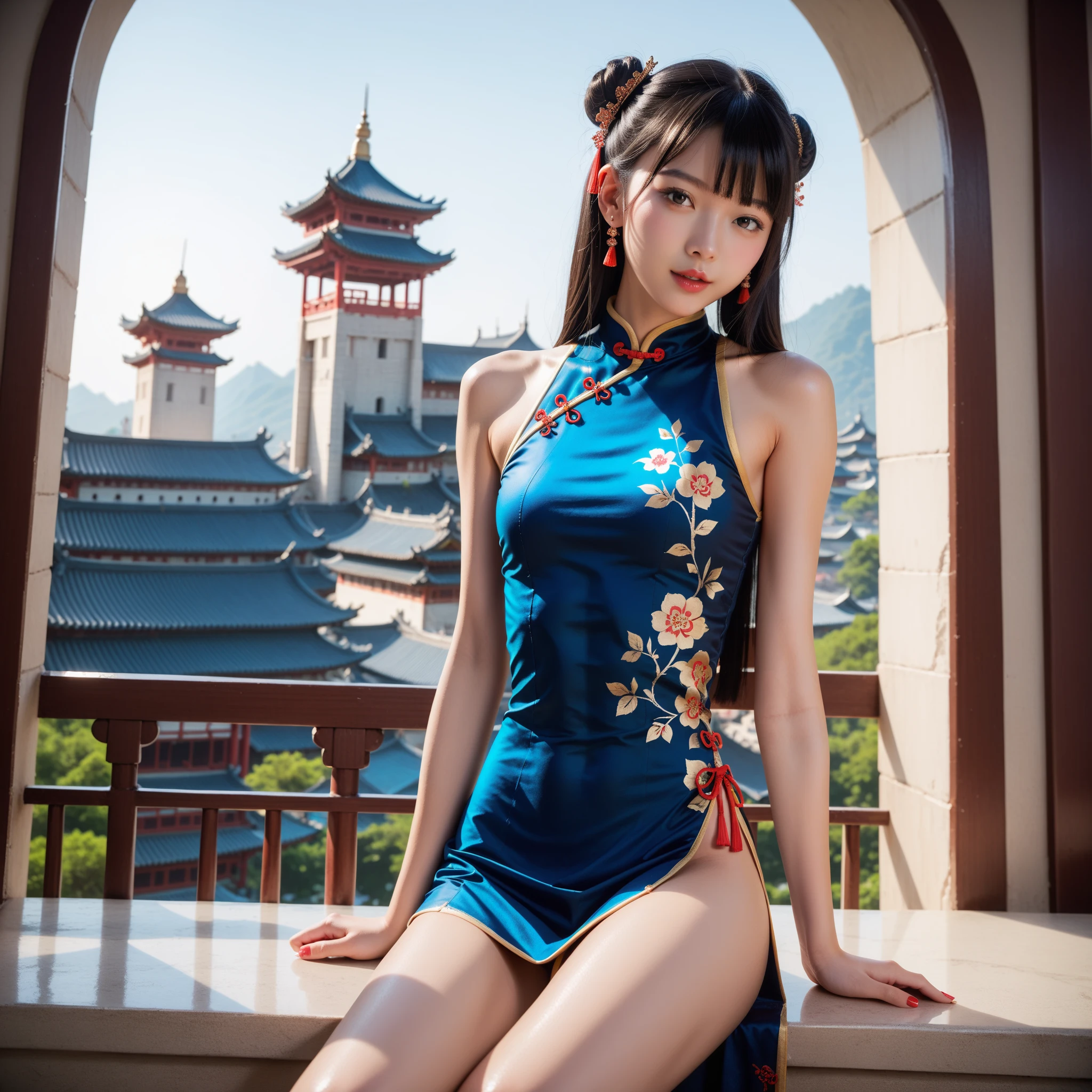 (full bodyesbian:1.5),(1girll:1.3),(view the viewer:1.4),(anatomy correct:1.4),(Sit in the Roman baths:1.2),(Wear a cheongsam:1.2),(Accurate and perfect face:1.3),(Long legs:1.3),hyper HD, Ray traching, reflective light, structurally correct, Award-Awarded, High detail, Fade-in and fade-out shadow contrast, Face lighting ,Cinematic lighting, Masterpiece, super detailing, High quality, High detail, Best quality, 16k,High contrast,