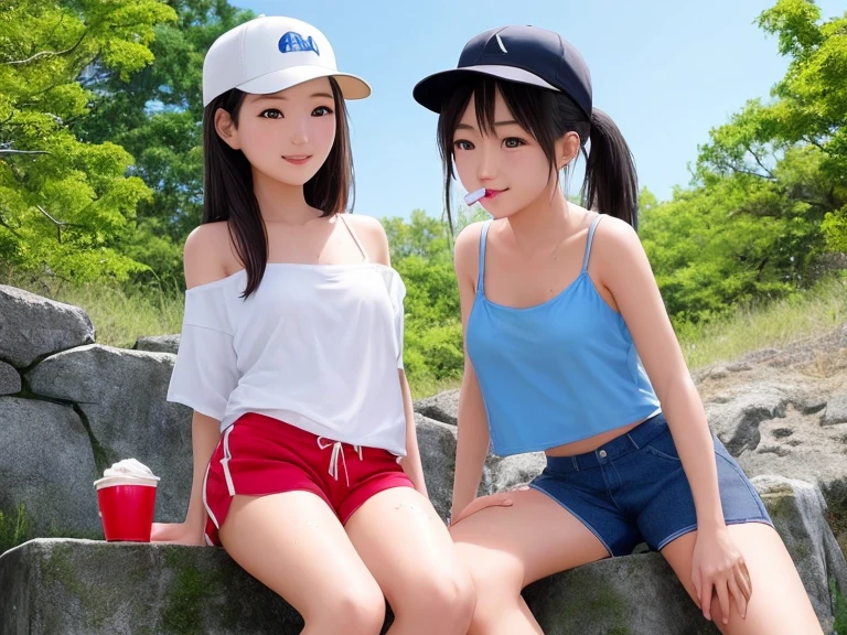 1girl, 3d, bangs, black_hair, blunt_bangs, blurry, blurry_background, blurry_foreground, bokeh, chromatic_aberration, depth_of_field, eyewear_on_head, figure, goggles, goggles_on_head, goggles_on_headwear, kneehighs, looking_at_viewer, motion_blur, photo_\(medium\), white_legwear, realistic, shoes, shorts, sitting, shoes, solo,horizon, ocean, outdoors, pool, poolside, railing,