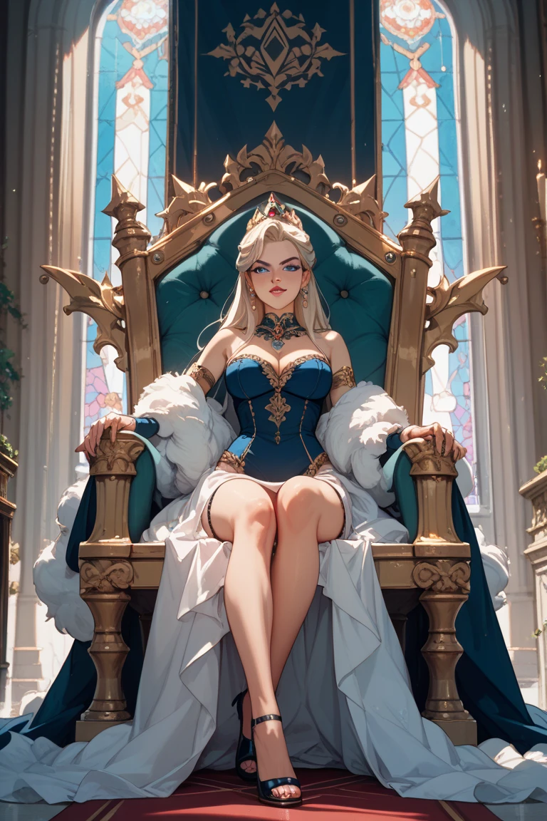 nsfw, 8k, best quality, highres, realistic, real person, A lewd queen oozing wealth and power, seducing her Western-style subordinates, sits gracefully on a richly decorated chair on a high platform. (((She crosses her legs and looks down at her subject with a sly smile))), embodying her blend of grace and cunning. The setting is a grand Western-style throne room that showcases the opulence of her kingdom. Big breasts, cleavage, long beautiful legs, beautiful legs, high heels, patent boots