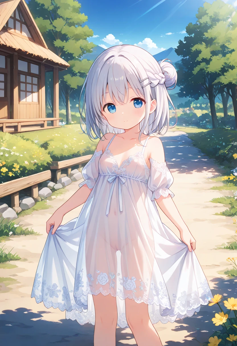 (high quality, High resolution, Very detailed, reality:1.37), Peaceful atmosphere, (Outdoor, garden), 5 year old girl standing alone, (my breasts are small.), Beautiful details, Cute Smile, (Long white hair), ((White sheer camisole dress)), White socks, White high heels、White Hat.NSFW、((Sheer milk))、((Crotch showing through))No panties