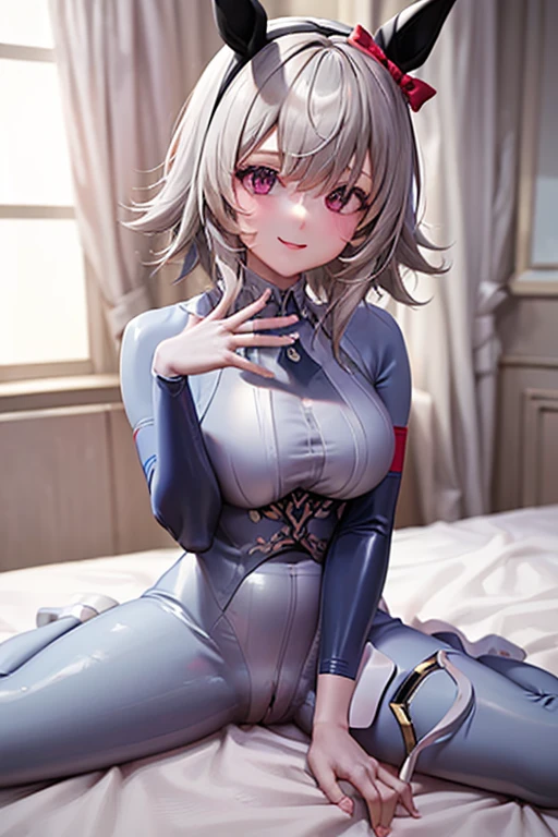 ((Best quality, Masterpiece, (only 1 girl), ((short horns, blonde hair, red eyes, symmetrical face, (An extremely short dress with long sleeves, Lift up the dress, panties), (Looking down, Focus on legs, evil smile, Sticking out tongue), Serenity of the little lady, big breasts), steam, Rear side solar lighting, in the background a bedroom with dark furniture, Canon EOS 50mm camera)