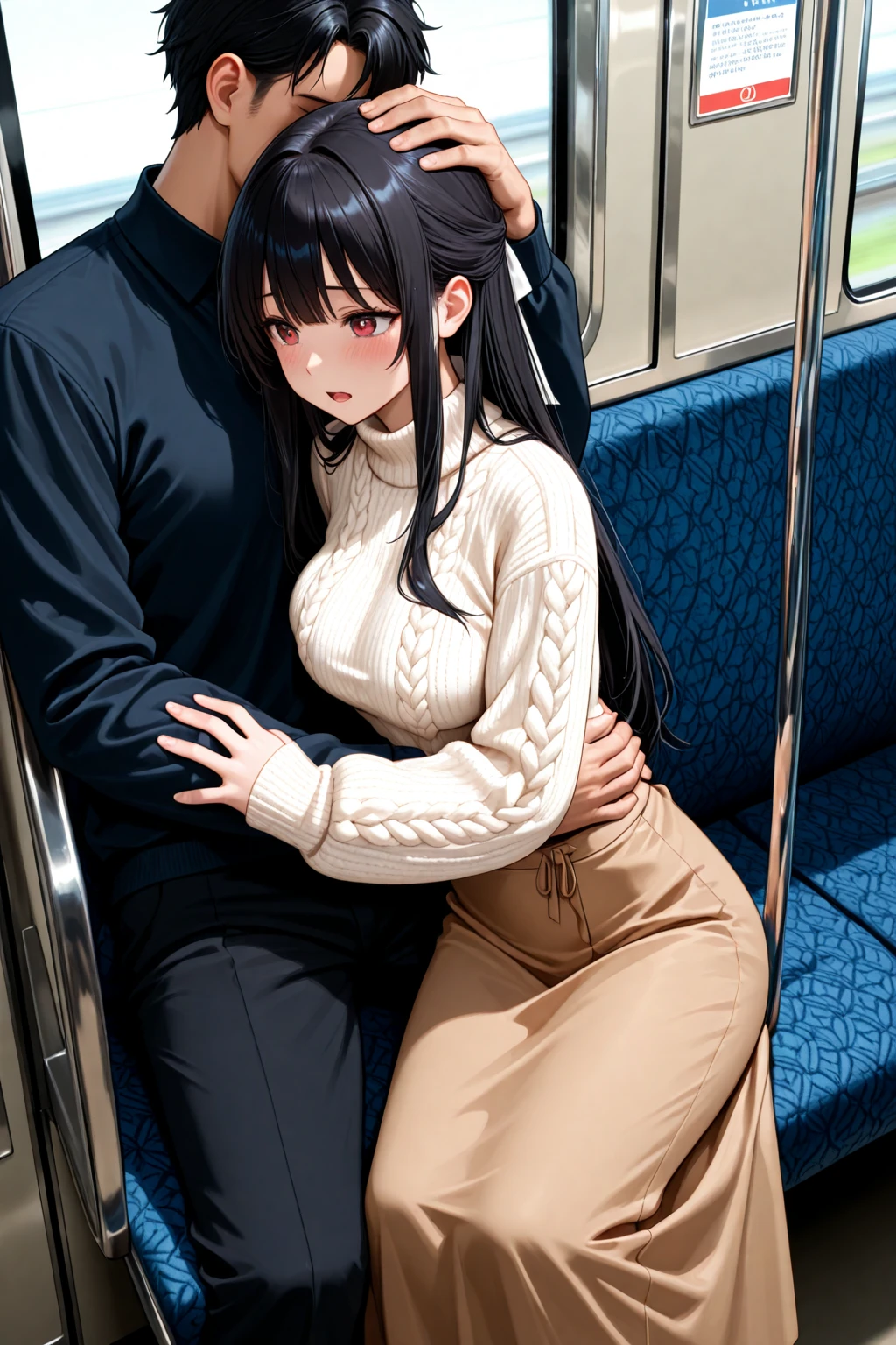 hyperrealistic anime,adult curvy female,at train,man with t-shirt standing behind woman,black hair,black t-shirt,jersey pants,medium straight hair,glasses,unkempt hair,modest and sober female ,from behind and side,(man grabbing woman's buttocks:1),molested,groped,blushed and grinning