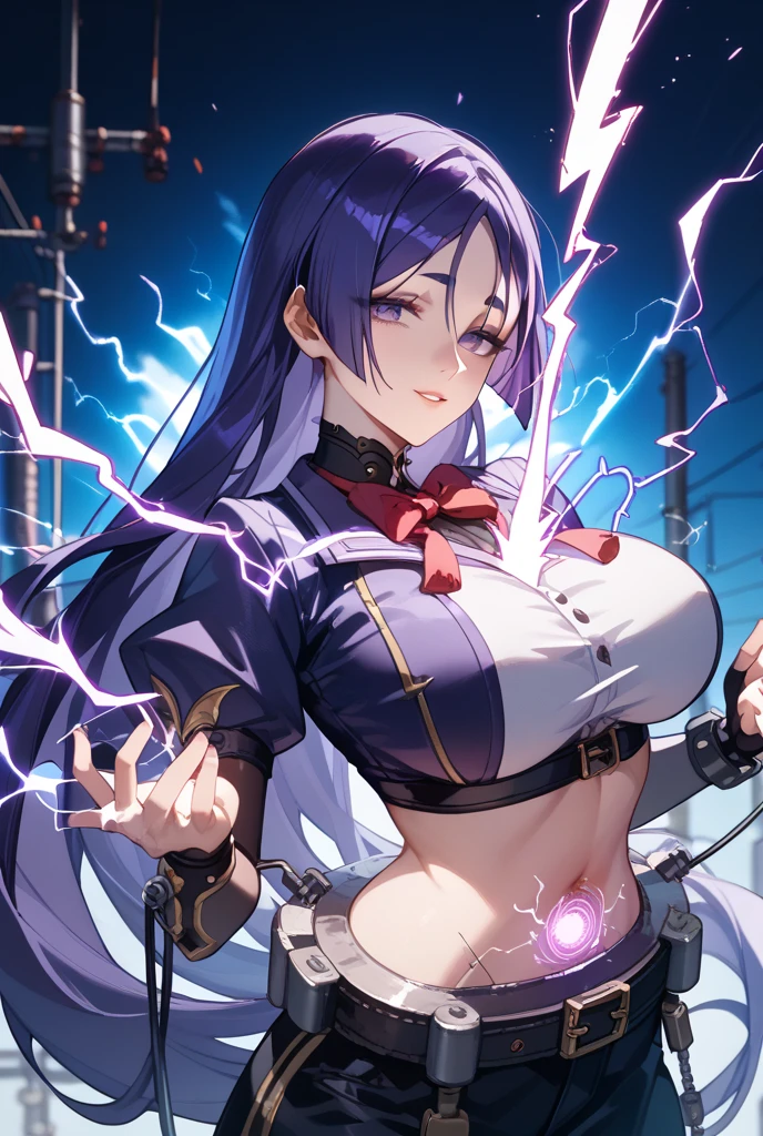Adult girl, long white hair, cat ears, cat tail, heterohromia, left eye purple, right eye blue, red learher spike jacket, white tight top, purple print, blue shorts, lightning, ice, lot of tattoo, scars, open belly, open breasts, wide neckline, boob window, window in chest, little muscles, smirk, claws, hands behind head, Masterpiece, best quality, Full HD, 8k, ultra details, great graphic