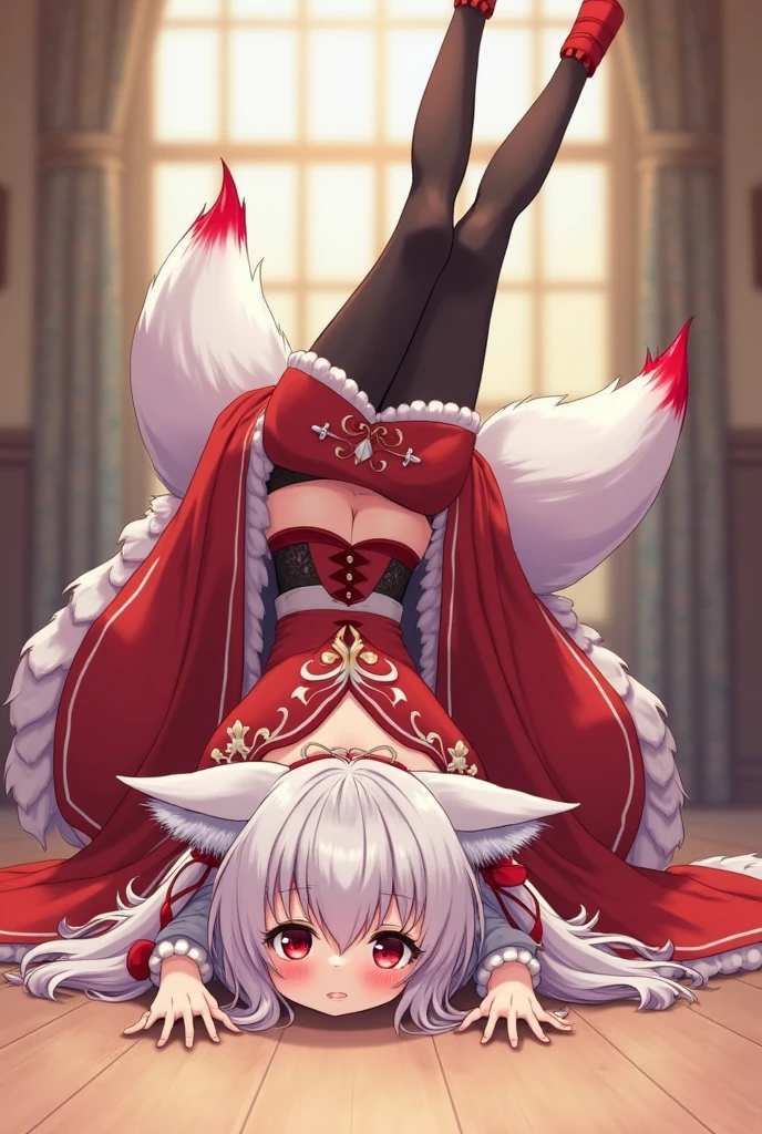 2D Illustration。In the background is a dirty white wall splattered with red blood。Long white hair and fox ears。Black Stockings、A girl with big breasts wearing an off-the-shoulder kimono with red as the main color and black as the secondary color.。profile。Huge cleavage close up。profile。Sitting on the bed、淫らな笑顔と欲情した目で見つめる女の子のprofile。necklace、brooch、hair accessory。Hands lifting chest