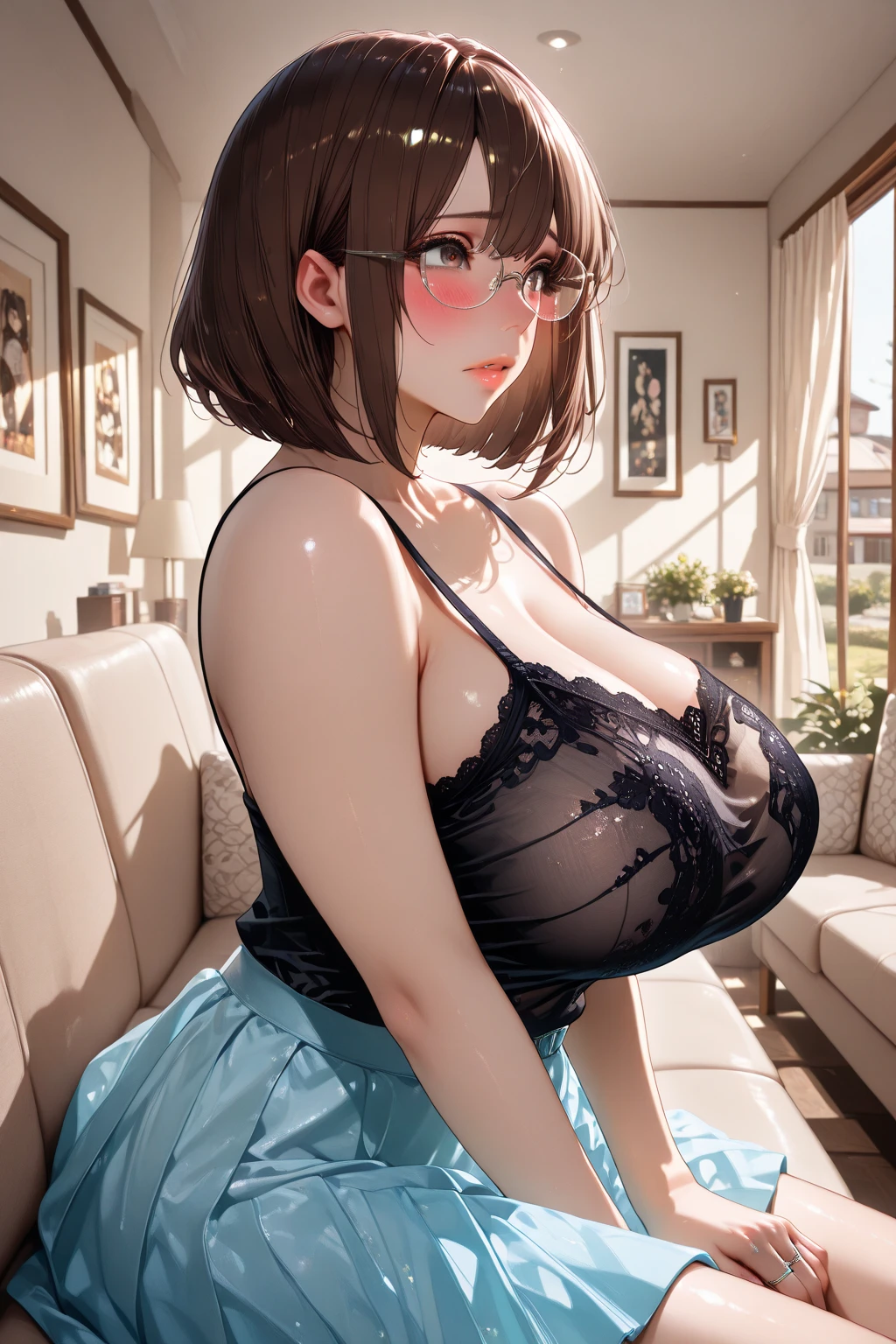 ((Masterpiece, Detailed face, Detailed eyes, detailed anatomy, Oily skin, Fine skin, White skin)), (Masterpiece, Best quality, High quality, Ultra-detailed, extremely details, High Resolution, Super realistic, ultra realistic, Strong lights, Photography, Brighten the subject, Perfect face, Cute Face), 1 adorable girl, solo, looking at viewer, head(brown hair, pixie cut hair, very short hair, silky hair, blunt bangs), face(sparkling white eyes, Wearing a round eye glasses), clothes((pink peasant dress, cleavage)), ((Huge breast)), (((Saggy breast:1.5))), inside of room, looking at viewer with sweet smile, head(brown hair, pixie cut hair, very short hair, silky hair, blunt bangs), clothes((pink peasant dress, cleavage)), Raw photo, (8K、highest quality、masterpiece:1.2)、(Intricate details:1.4)、(Photorealistic:1.4)、Octane Rendering, Intricate 3D rendering super detailed, studio soft light, Rim Light, Vivid details, Super Detail, Realistic skin texture, Cheek gloss, details face, Very beautiful bright pale blue eyes, Very big eyes, Highly detailed CG Unity 16k wallpaper, perfect beauty, round face, Makeup, (Detailed background:1.2), Shiny skin, Full Body, From head to thighs, Cleavage,