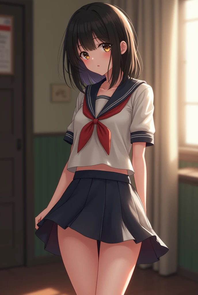8k,best quality, masterpiece, ultra highres, ultra-detailed:1.2,(girl lifts her skirt to show her panties),She takes great pleasure in showing her panties to the viewers,(16yo,beautiful detailed face,(navy hair-color,wavy-short hair),parallel eyebrows,navy eyes with large irises,blunt bangs,small nose, fresh lips,small breasts),anger,BREAK,white school blouse,Dark blue pleated skirt,red panties,in school,