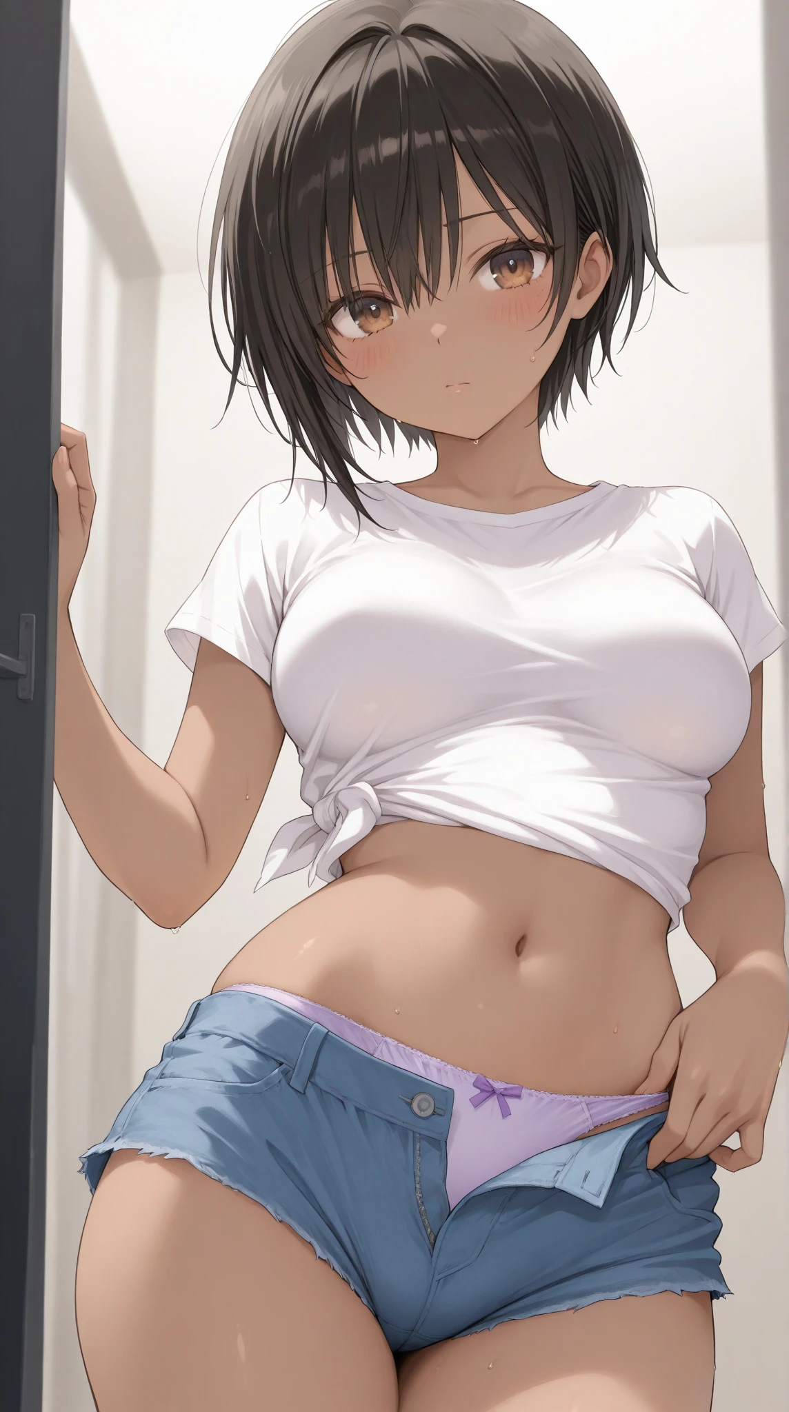 amamitsuki, nsfw, masterpiece, ponytail, 1 ear exposed, 1 girl, erect nipples, intricately detailed, topless, navel, bare shoulders, necklace, erect nipples, puffy nipples, brown hair, dolphin shorts, window, bedroom, curtain, Blue sky, extremely detailed, cg masterpiece, bare breasts, nipples, green eyes, bare stomach, side swept bangs, sweaty, large breasts, arm strap, pale skin, smiling, flat colored, side bangs, woodblock painting style, huge nipples