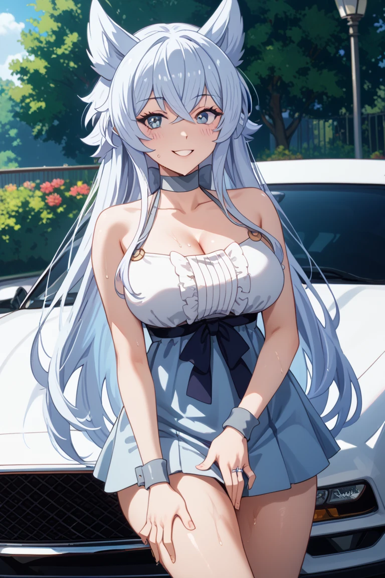 (masterpiece, Highest quality, detailed)、1 female、Kagetora Nagao、solo、Evil smile、Cowboy Shot、View your viewers、Silver Hair、Black Hair、Long Hair、Yellow Eyes、Female focuechanic, orange jumpsuit)、Black Tank Top、Waist clothes、Big Breasts、collarbone、A woman with very large breasts、Skin tight tank top、indoor、garage、tire、spanner、Hands on hips、smile、Mouth closed、Conceit、V-shaped eyebrows