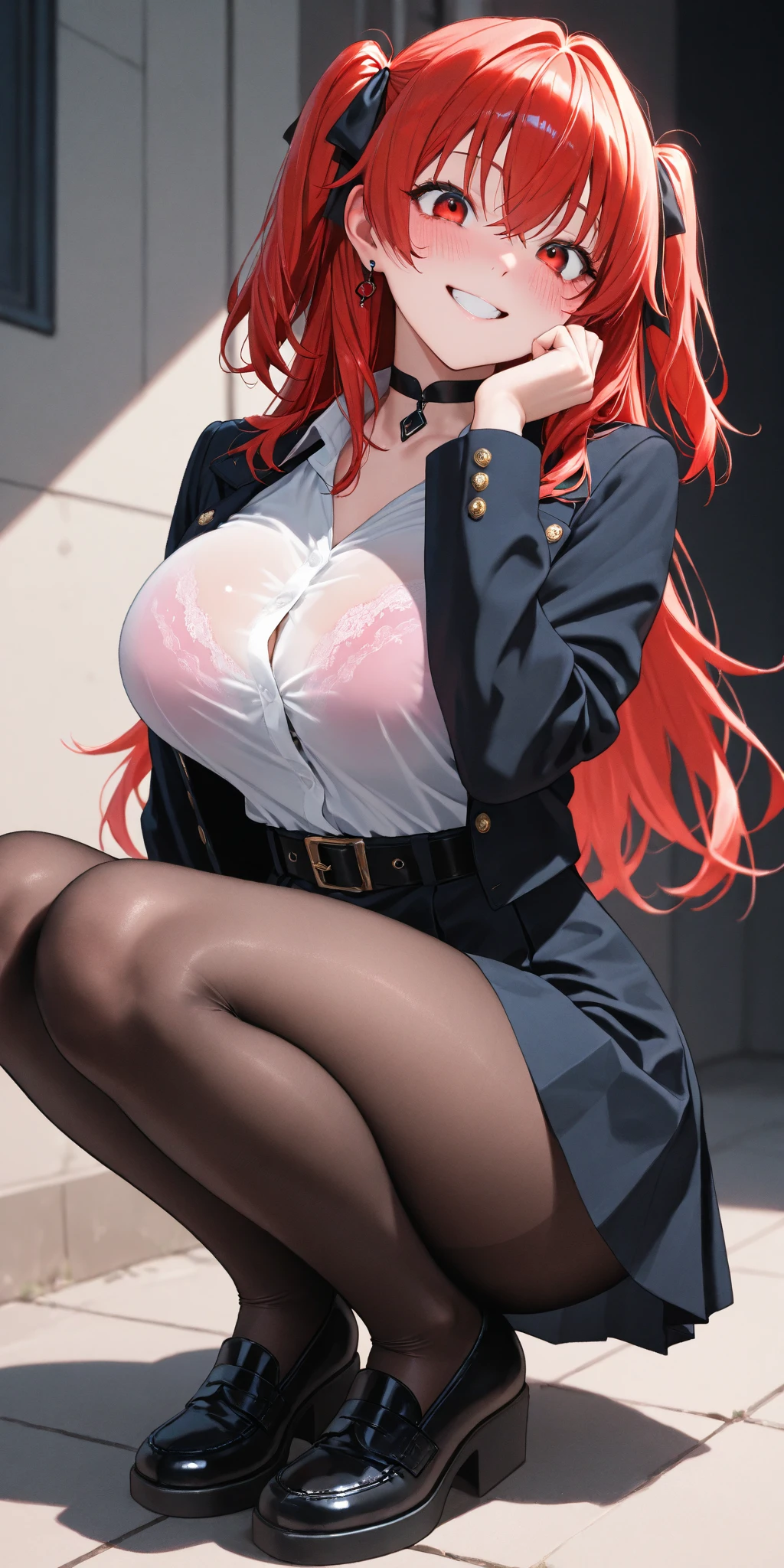 My name is Hikaru, I am a white test doll with long red hair and black eyes. I am 1.60 cm tall and weigh 56 kg. My breast sizes are 300 cm, my waist is 60 cm and my hips are 200 cm. Dressed in a long blue jacket and a garter belt along with a black thong. With big breasts 310 cm . Sitting in a desk chair