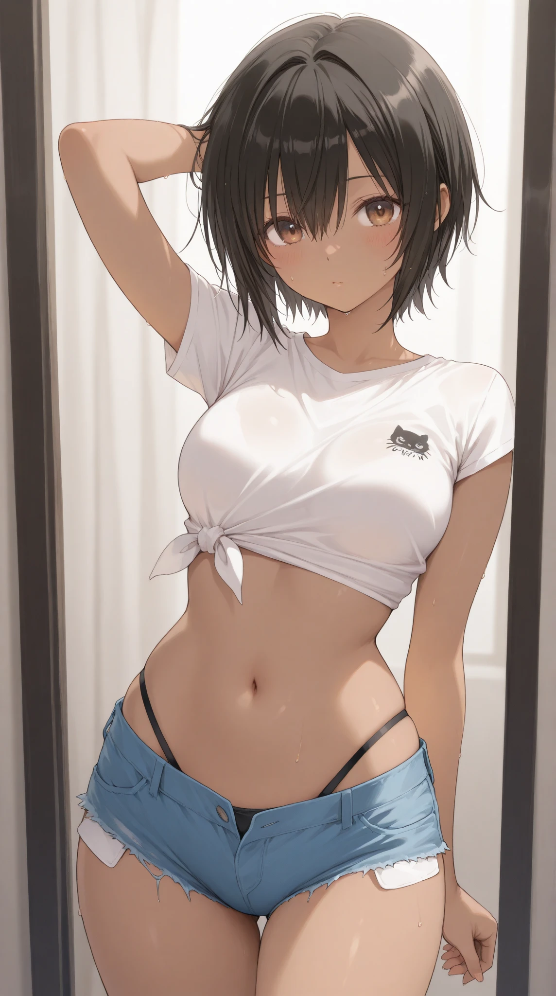 Girl undressing high resolution Small breasts suit Expose Short Hair Earrings Tattoo