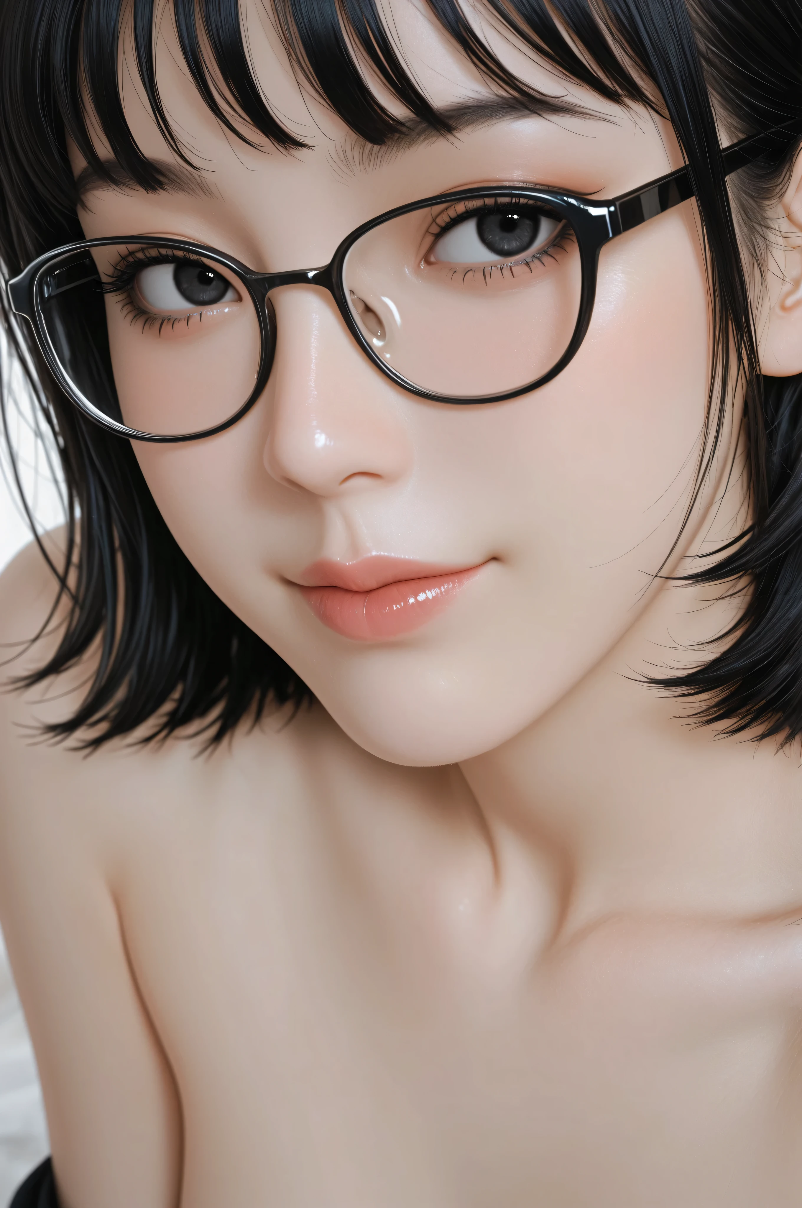 (realistic),(High resolution close-up), Portrait of a girl from chest to head, super dense skin, Beautiful lightning, Awards - winning photos,、flat chest、small breasts、、(small bust:1.2)、small bust、 (very few、flat、often stomach、black panties、Full body Esbian、medium short hair、Glasses、bright light、on the bed、thighs are open、open your legs、Pee、