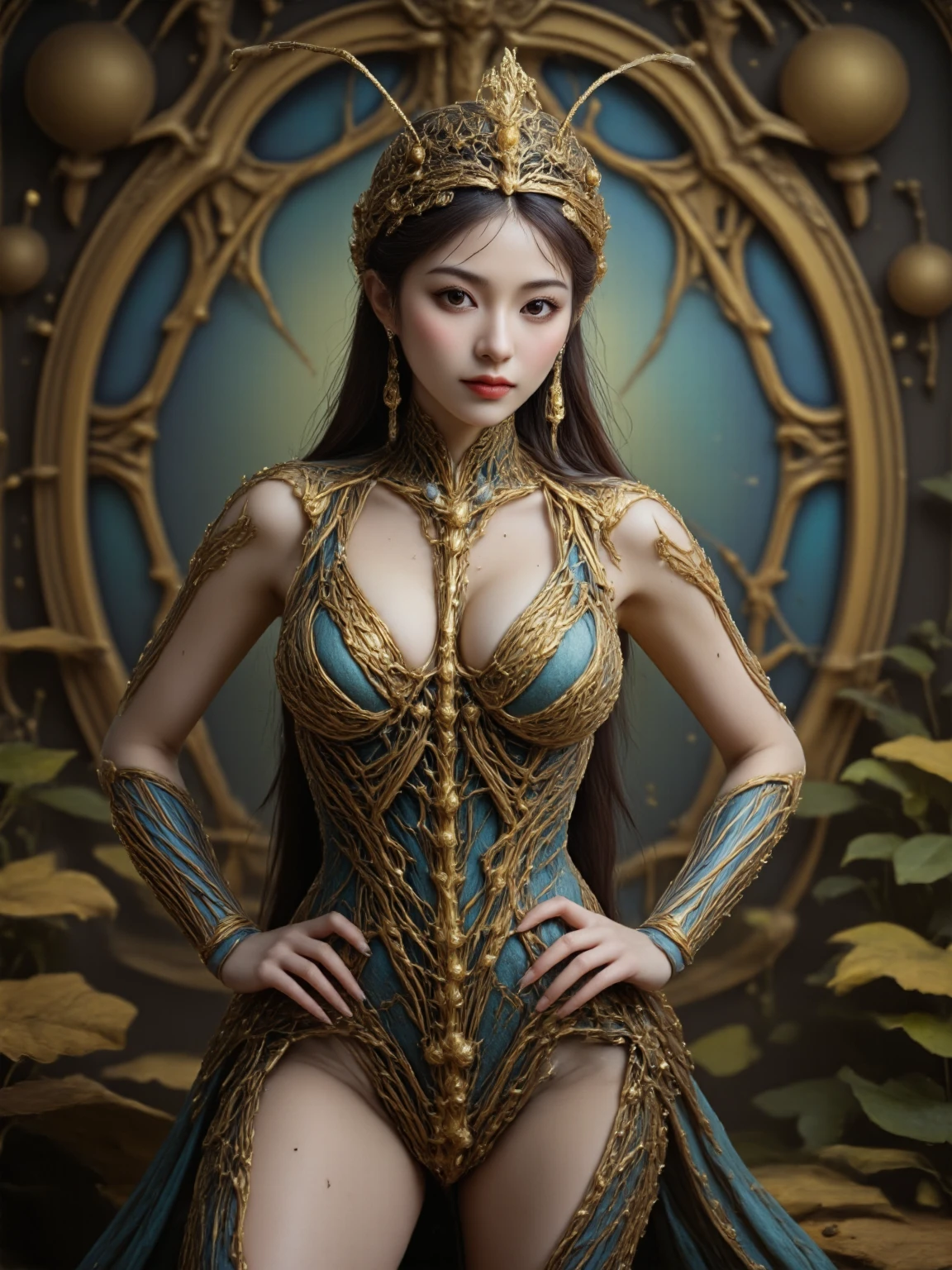tmasterpiece, Best quality at best,Beautiful and elegant elf queen posing in a room dressed in gold,Her breasts and buttocks were large,The slender waist has a smooth line,Very beautiful black hair, Light smile, Ear blush, crown, Drill hair, surrealism, shadowing, anaglyph, stereograms, tachi-e, angle of view, Atmospheric perspective, From below, f/4.0, Nikon, Sony FE GM, 8K, Super detail, ccurate, Best quality, Masterpiece, UHD beautiful mature woman with crown,huge boob,The chest is wider than the shoulders,perfect body figure,Crotch shoulder to shoulder,Exquisitehands,Fleshy thighs,The barefoot,Walk the red carpet of the temple,A temple of luxury。