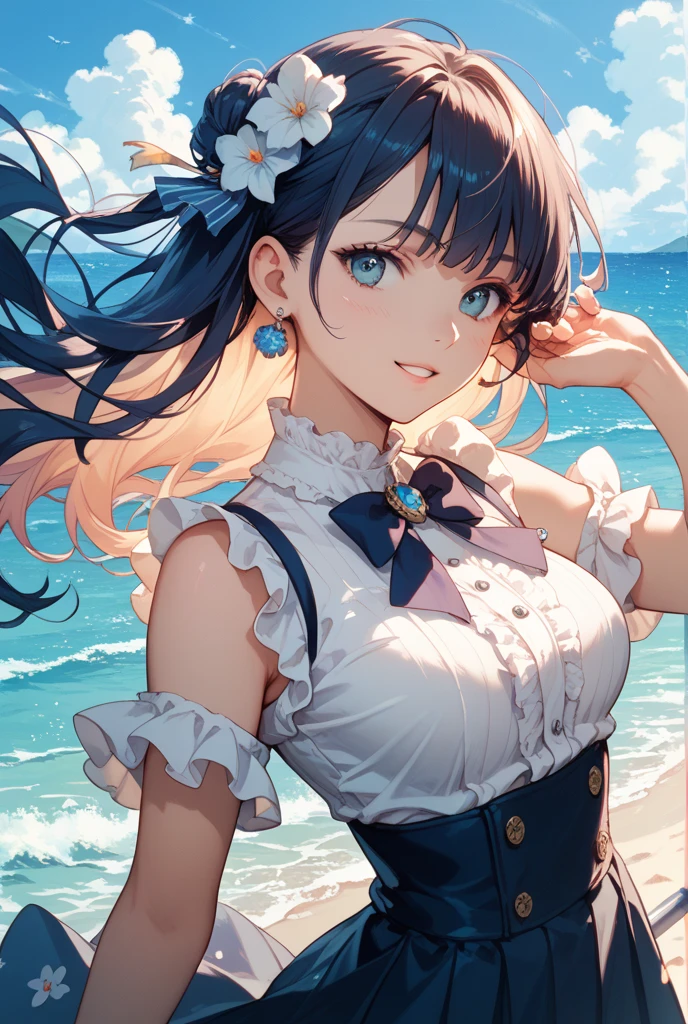 ((2D Beautiful Girl、top-quality、perfect fingers:1.1、perfect anatomia:1.1、Perfect outfit、face perfect：1.1、Beautiful illustration))、(transform sequence)、((cute decorative headband、Sexy swimming costume)、sixteen years old、Solio、hime、Fractal Art、baby-face、((stright long hair))、(Slender and beautiful legs)、Beautiful big drooping eyes、（full body photographed：1.1、Zoom out and shoot）、((1人))、Blue sky and sea background、cat ear、a smile
