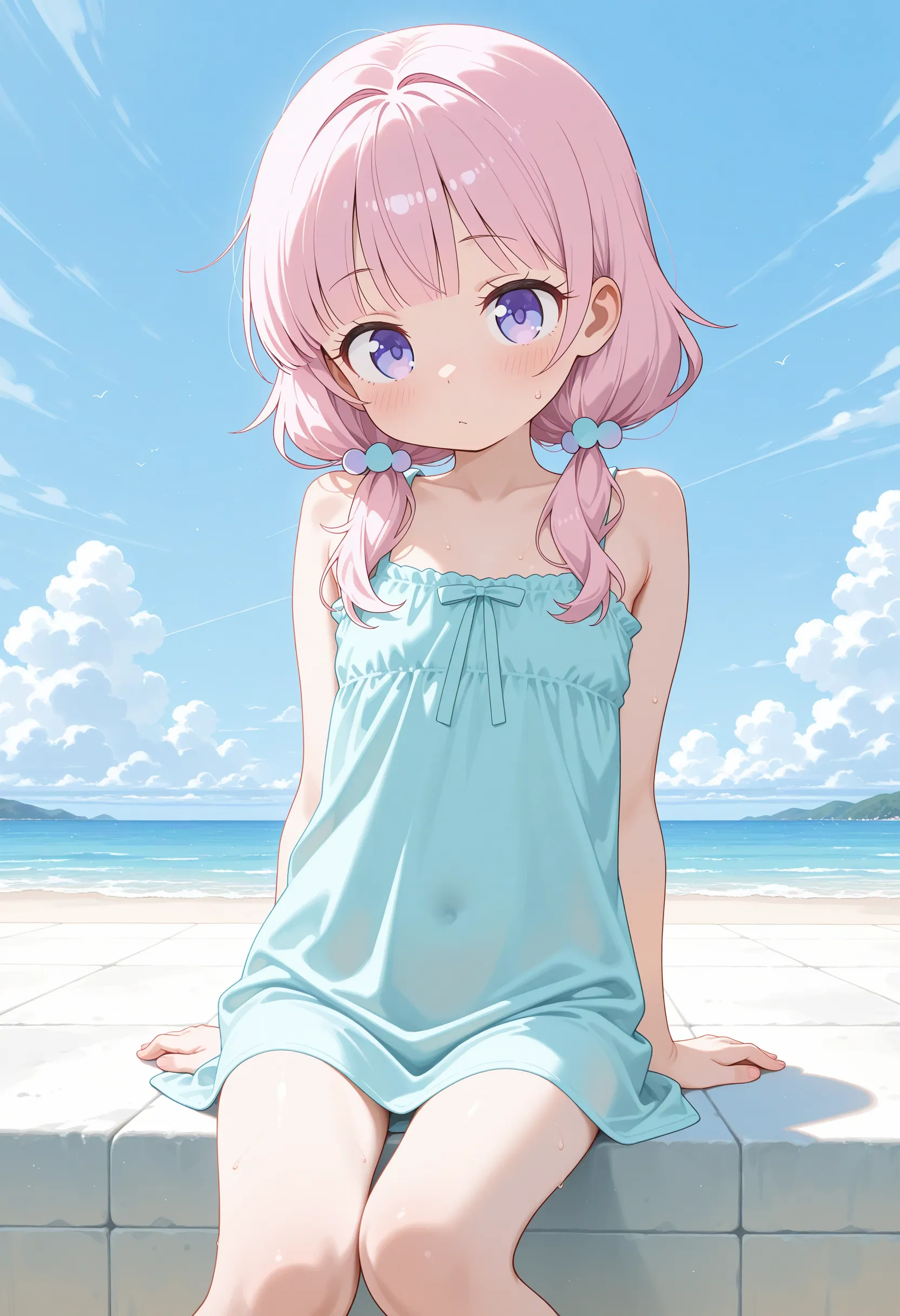 Cute little girl s top-quality masterpiece Normal five fingers Pink hair Striped swimsuit