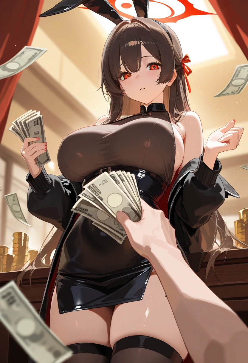 Young dark-haired female CEO, Gentle smile,(huge bust:1.5),The background is a securities company with many staff、Rich woman、Scattered gold coins and dollar bills、