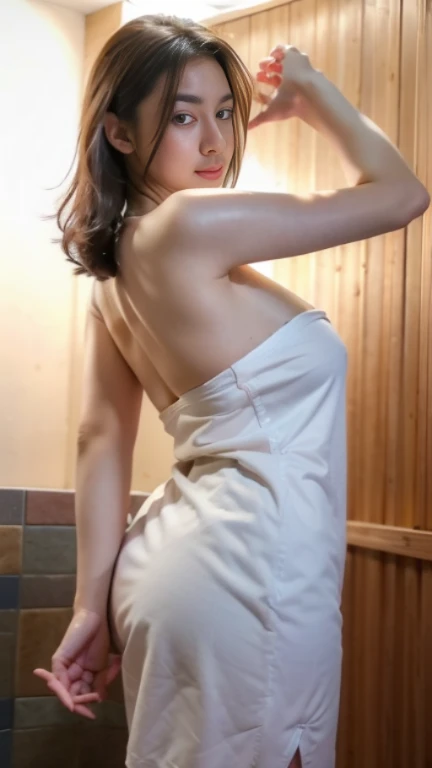 Sexiest towel wrap, She wraps herself in a towel after a shower, Different model poses, Attractive body, Professional photography, Perfect Face, Fine grain, Big Plans, In the sauna bath, session, Captivating looks