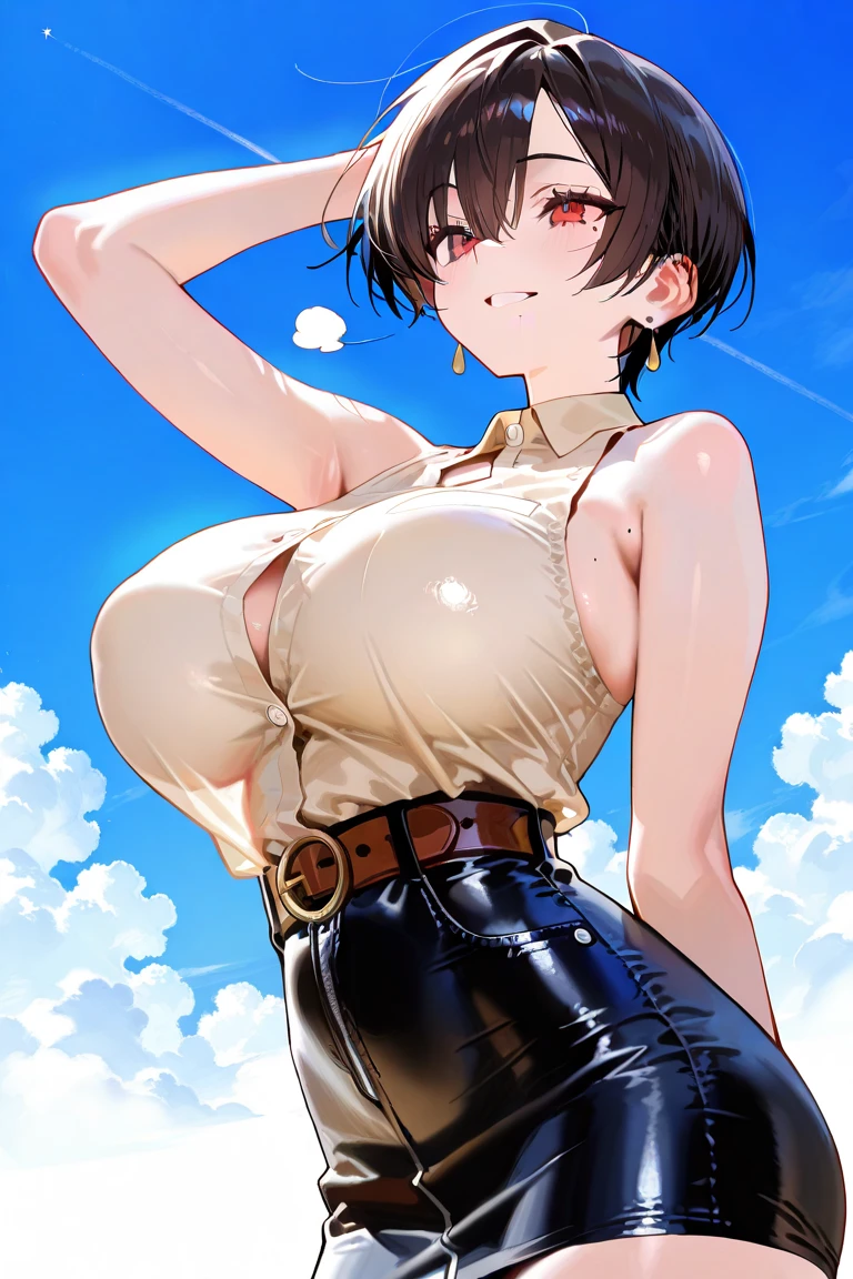 1girl, spiked hair, very short hair, yellow eyes, tan, tan skin, tan-skinned female, black hair, pixie cut, large breasts, hourglass figure, thick thighs, smile, smirk, smug, toned, white shirt, jacket, sneakers, black jacket, shirt, short pants, shorts, standing, full body