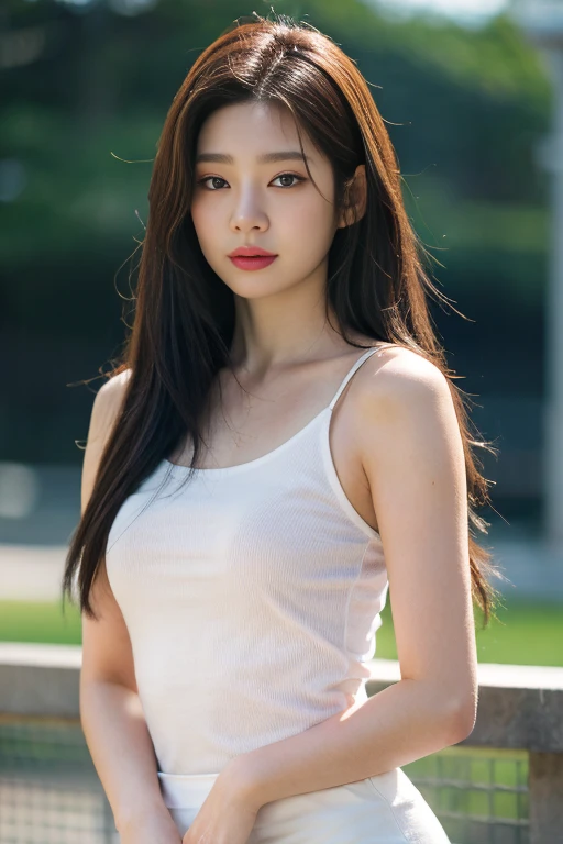 8K, masterpiece, raw photo, best quality, realistic, extremely detailed CG unity 8K wallpaper, depth of field, cinematic light, lens flare, ray tracing, (very beautiful face, beautiful lips, beautiful eyes), Face with intricate details, ((highly detailed skin)), best quality, masterpiece, ultra high resolution, (realistic photo:1.5), Original image, 1 woman, crop top, shorts,smooth, long legs, sexy look, pretty ,Smile faintly, long hair, full body shot, big bust, divided, six pack abs, Morning in the city park.
