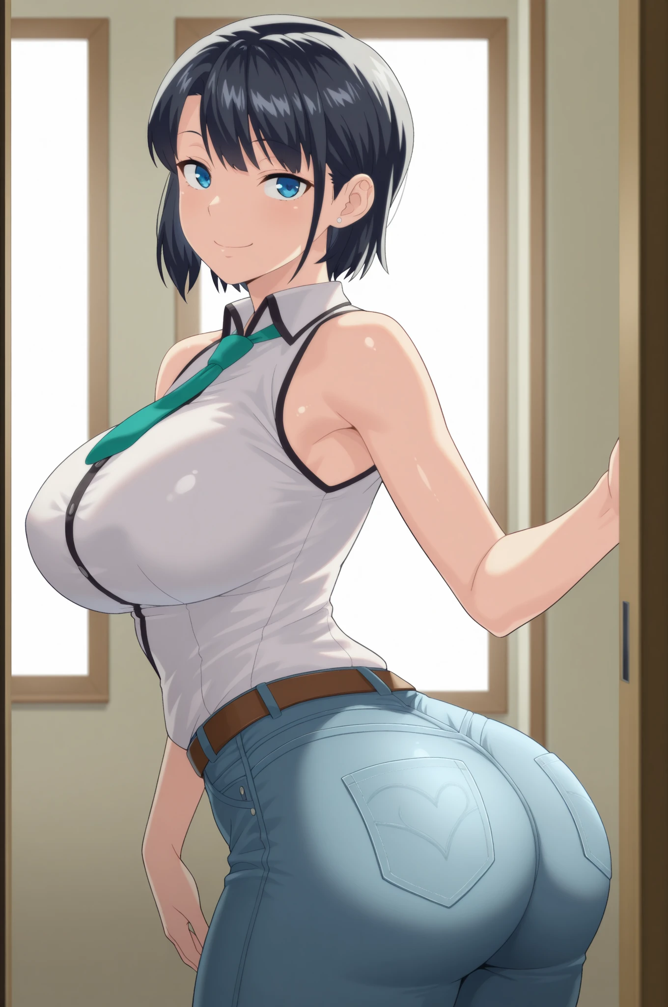 una caricatura de una madre madura con jeans y una camisa morada, chica anime seductora, proporciones maduras, tocando su ropa, pose sexy, breasts uncovered , hermosa y seductora mujer anime, pose casual, pechos grandes!!, pechos grandes saliendo de blusa, gruesa, caderas anchas, motherly full body, cintura de madre.