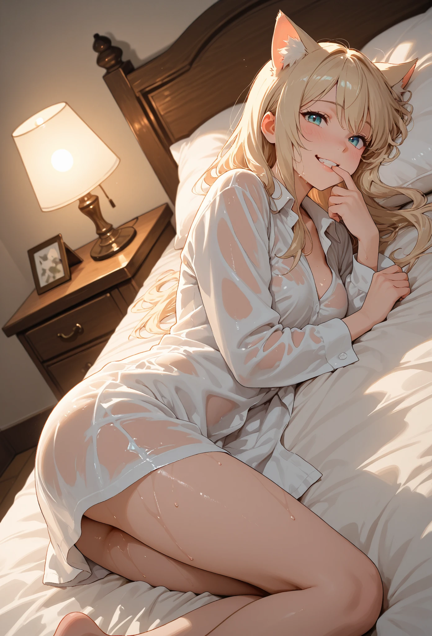 M-shaped legs、Blonde、Side Ponytail、Blue underwear、Pale blue eyes、Blushing、Bedroom、On the bed、Random pose、Looks like she's about to cum、Glamorous expression、Blushing、Blue underwear、Cute underwear、Undressing、、Bedroom、On the bed、M-shaped legs、Random pose,パンツを見せるBlonde、Side Ponytail、、Pale blue eyes、night、night、Not wearing a bra、、Blushing、lipstick、Perfect hands、Detailed hands、Bedroom、On the bed、hand bra