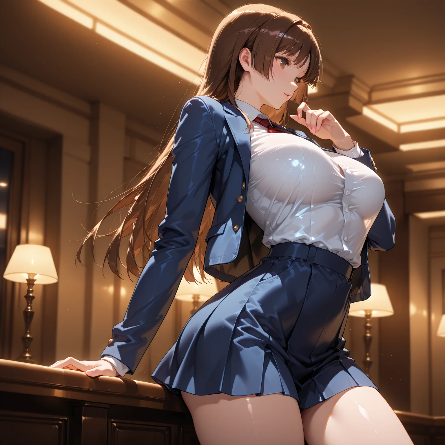 4k. high quality,best quality, realistic, highres,  ultra-detailed, seductive, evil smile,black robe, long flowing  robe,cultist woman, , beautiful detailed lips,hourglass figure, NobaraKugisaki, 1girl, gakuran, cropped jacket, belt, high-waist skirt, pantyhose,pale  skin,cultist robe, dark colors, dim lighting, occult symbols, eyeptach,long hair,,mysterious atmosphere,  ,glossy lips, succubus tattoo on chest, medium breasts,black detailed eyes, red, dark aura,cowboy shot, priestess clothes,hourglass body shape,brown hair,tall, long body