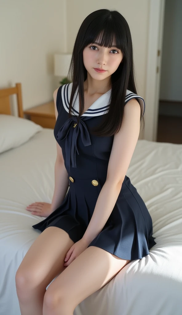Adorable, 11 year old girl in Japan, (Sleeveless sailor suit:1), Sitting on a cushion, Curly medium hair, hair scrunchie, (Smile :1), (highlydetailed skin:1), (Best Quality:1.0), (超A high resolution:1.0) ,(photographrealistic:1), (ultra-detailliert:1.0), (8k RAW photo:1.1),Looking at Viewer,See-through
