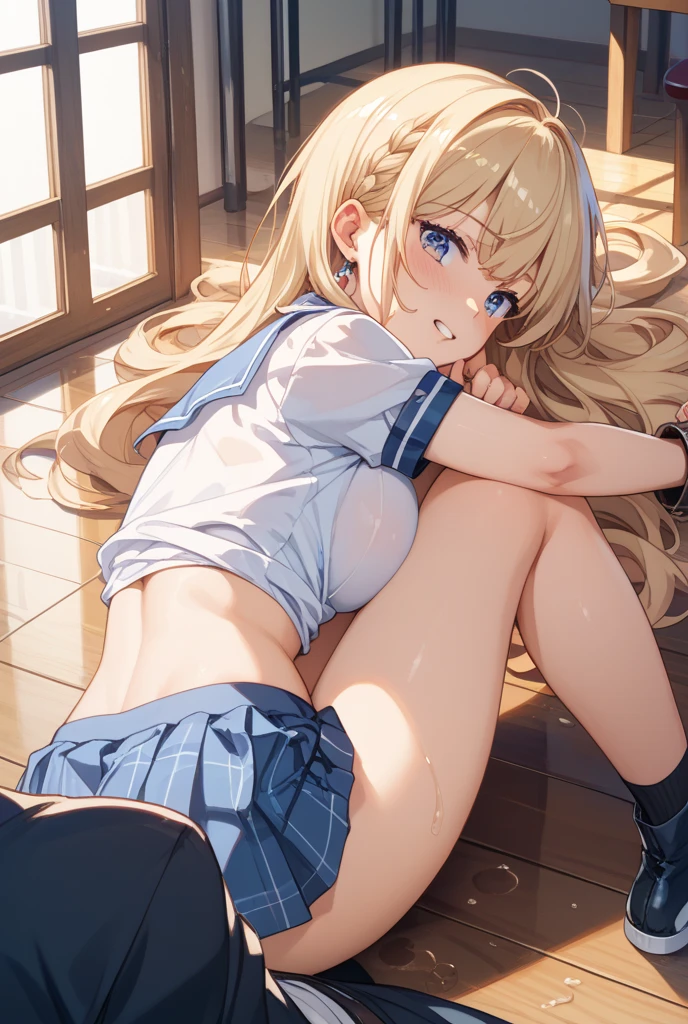 Wavy blonde hair、White ruffled blouse、Blue checked culottes、flat body