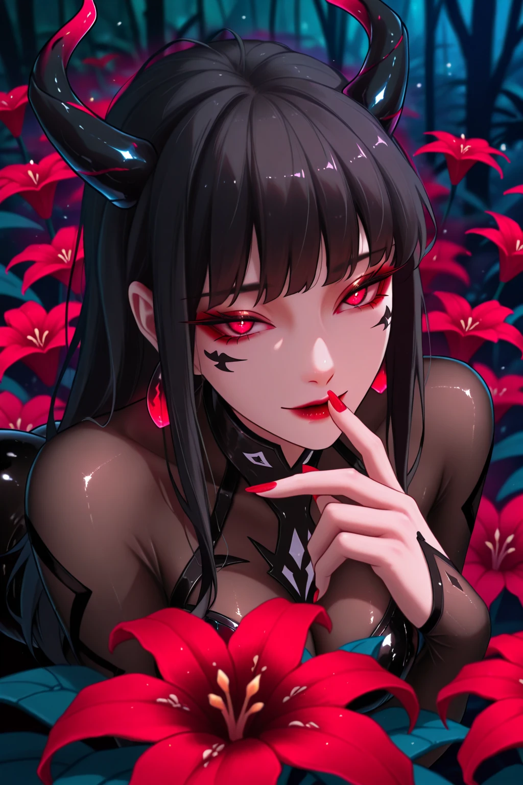 finest image, portrait, female, sexy, beautiful, cute, amorous expression, lewd expression, ecstasy, orgasm, glossy iridescent hair, sparkling eyes, red alluring moist lips, mini china dress, black pantyhose, background many falling petals, professional lighting