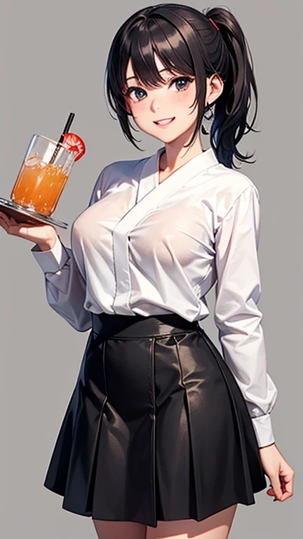 Female bartender, short black hair, pale skin, light red eyes. A sinister smile Wear a white shirt over a black vest. Black pants, small bust
