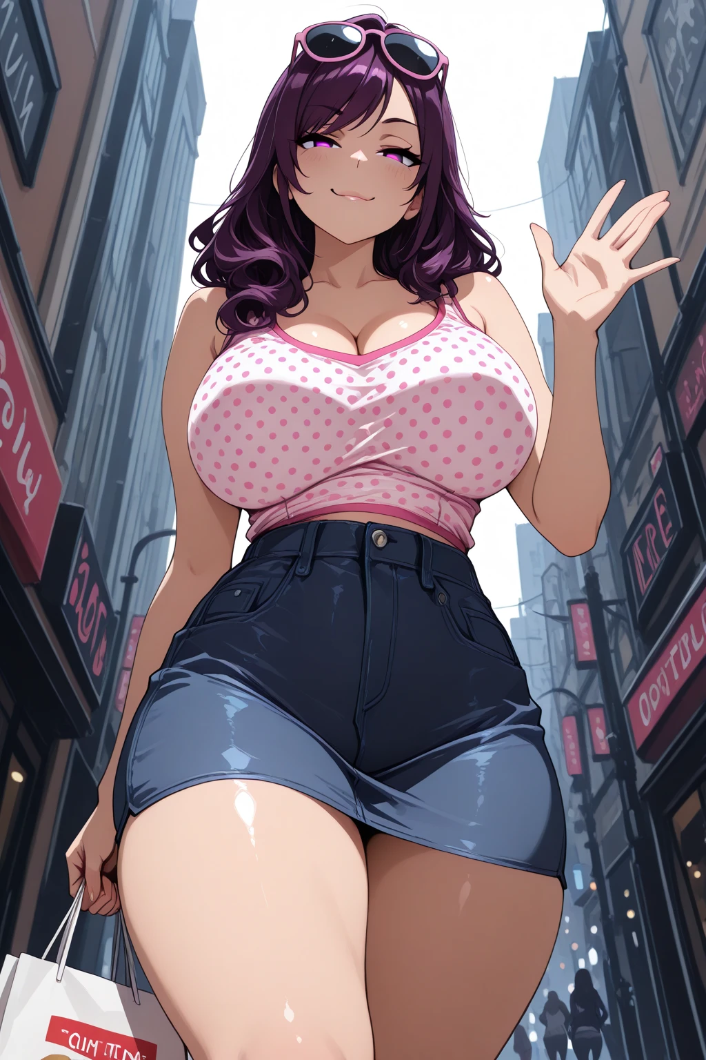 masterpiece, award winning, best quality, 1girl, black_hair, breasts, Bra visible through clothes, choker, collar, collarbone, cowboy_shot, denim, denim_shorts, ear_piercing, earrings, hoop_earrings, jewelry, huge_breasts, lip_piercing, very_short_hair, looking_at_viewer, street, Ciberpunk, night, neones, navel, navel_piercing, off_shoulder, piercing, purple_eyes, short_shorts, shorts, solo, sexually suggestive, perfectly shaped breast, boobs overflow, cleavage, cameltoe <lora:bra_visible_through_clothes_4:1> <lora:FileName:0.4>