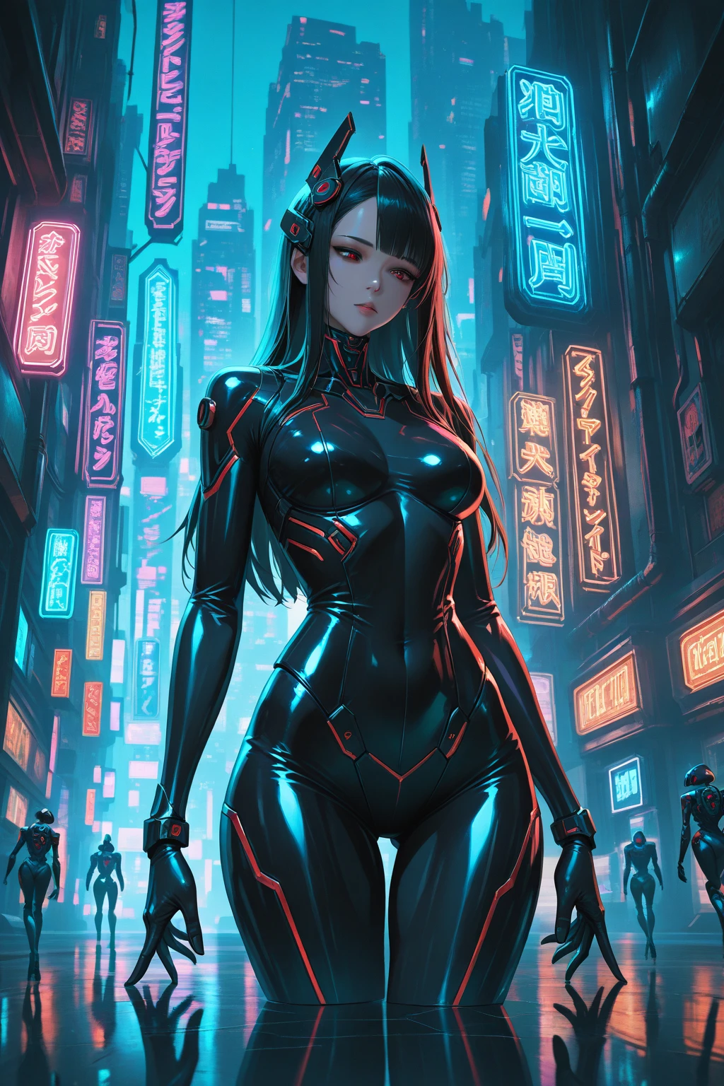 ((Best Quality)), ((Masterpiece)), (Detail: 1.4), Intricate details, Cinematic lighting, Sharp focus, Detailed face, Goddess with red eyes, (A Beautiful Cyberpunk Woman with long black hair:1.5), (((((Black and red gradation hair))))), (Dark skin:1.4), (White Cyber bodysuit with glowing lights), (Tall Woman), Armored boots, (Huge Breasts:1.4), (Perky breasts:1.3), (Smal waist:1.3), (Long Legs:1.4), (Cameltoe:1.4), (walking), Futuristic City, Cyberpunk ambience, Night, (Only 1 woman:1.6),