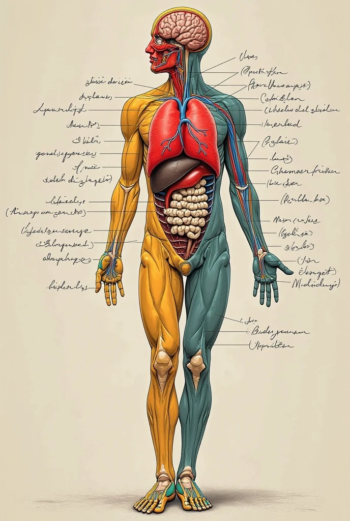 colorful illustration of lthe skeletal system of the incredible hulk, arcane labels, visceral, art by anatomical-illustration, armpit