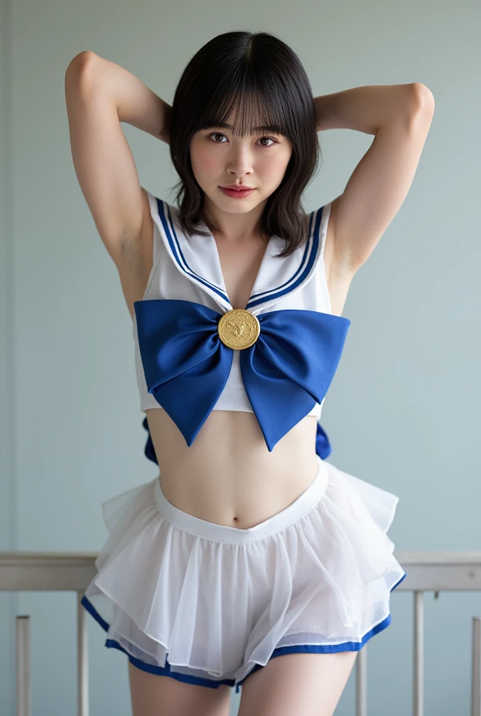 (8k、RAW Photos、highest quality、masterpiece:1.2)、(Realistic、Realistic)、1 girl、((Sailor Moon Costume)、Large Breasts,Full body from the front))、Lots of eyelashes、Glowing eyelids、((skeletally correct))、smile、This photo will awaken boys to sex、(((Always wear panties)))、(((Squat、Spread your legs)))