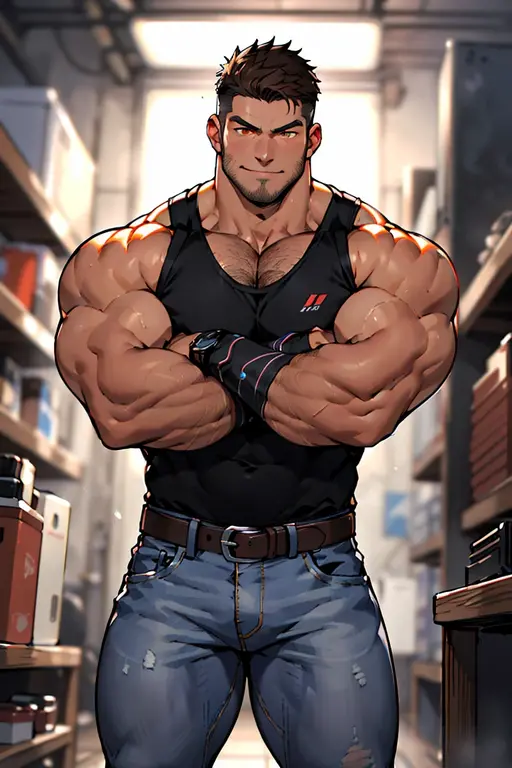 masterpiece, best quality, face, natural eyes, 1man, macho man,, muscled and mature, stephen amell as a carpenter wearing totally unbuttoned overall, sweating, tight cloth showing his muscles and bulge , full body , background wood workshop , woodwork of chairs , tools , wood parts , volumetric dynamic bright light .....