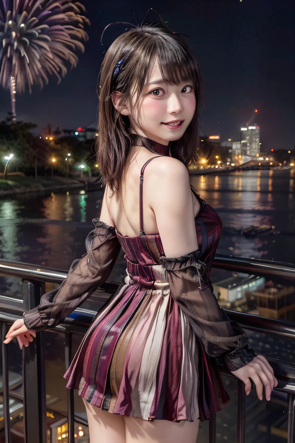 Yokohama Fireworks Festival, Sexy woman taking off black yukata and spreading her legs, Blonde Shorthair,Gorgeous 20 year old Japan woman, sexy look at the camera, Good Young J Cup Bust Girl