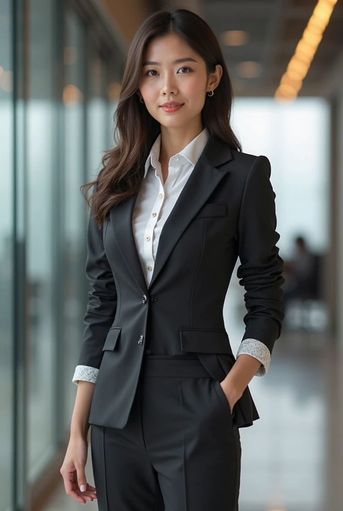  top quality,  photorealistic, 8k,   High Definition ,   1 female、smile、 beautiful and perfect proportions , Beautiful big boobs,  office、 pantsuit ,  white blouse ,staff identity card,work, 