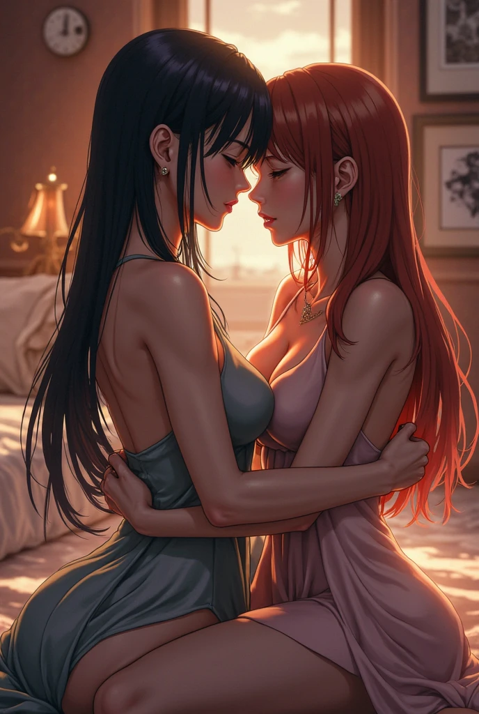 Two women passionately making out with each other inside the shower, they're wet, pinned against a wall, hugging tight, very passionate