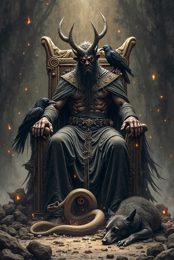 a painting of a man with a horned head sitting on a throne, the god hades, portrait of hades, furious god zeus, hades, the god zeus, wlop jeremy lipkin, beautiful male god of death, painted portrait of rugged zeus, art of wlop and greg rutkowski, by Karl Kopinski, the god hephaestus