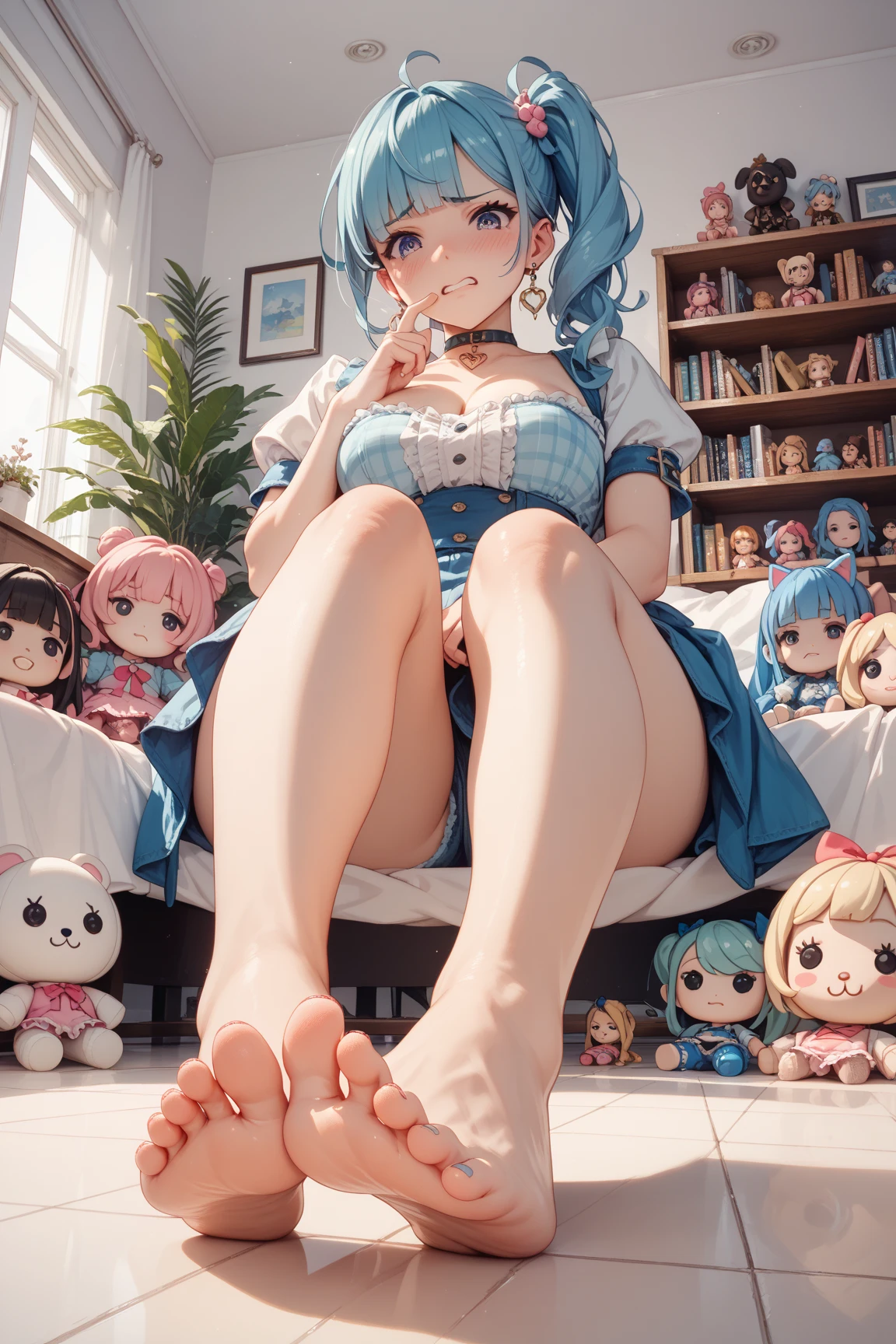 masterpiece、top-quality、((Lori))、((10yaers old))、((Female children))、Clear face、cute teenage girls、kindly smile、lifelike face、realisitic、Dynamic Side Rising、Perfect litthing、dynamicposes、dynamic ungle、(1girl in)、solofocus、tiny chest、((lolita))、photoRealstic、huging、looking at the viewers、NSFW、toppless、Cute Girl Sexy、エロ、Lusting、refinement、small tits、no panty,Footjob