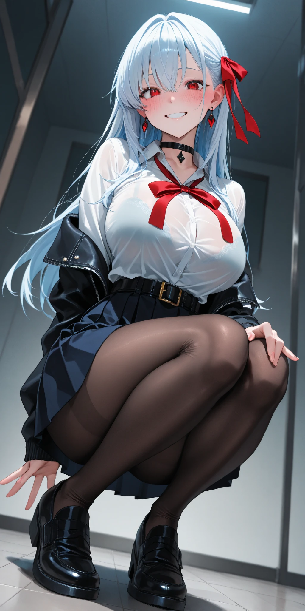 4K image of a young woman with gray hair, 17 years old, large breasts, red eyes, long ponytail style hair, green braid tied in a bow on the left...,, wearing a short-sleeved white shirt with a net. A tie, a short black skirt, wearing stockings, wearing earrings, sitting in the classroom. With a hateful expression on his face.