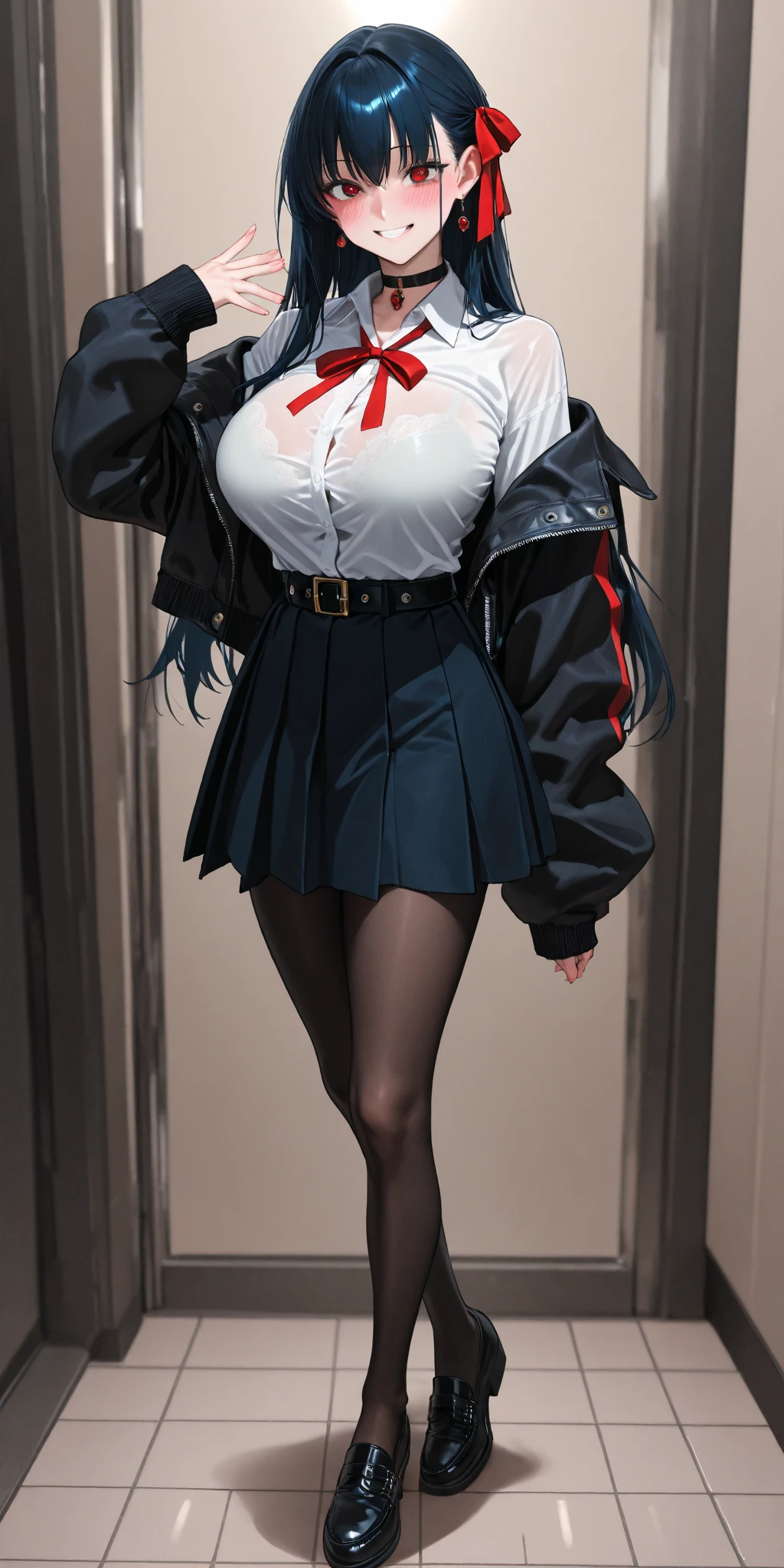 a black skirt, neck tie, Cutter shirt　suspenders, Long Black Hair, Gray eyes, holster, Garter belt on the legs, , Big breasts, Pichi Pichi clothes, both sides　deadpan　Behind