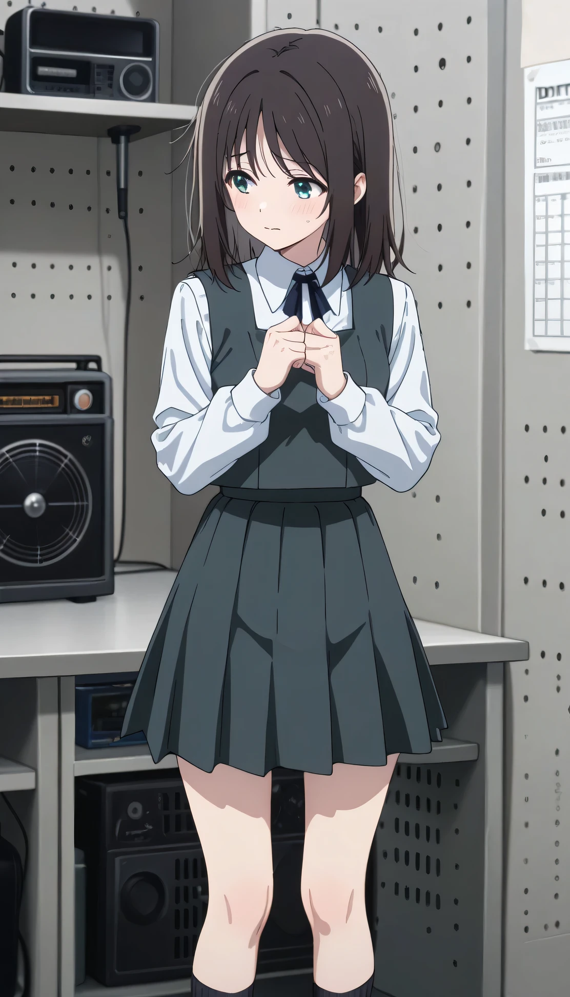 An image of Haruyama Hana, slim body, flushed, shy, fitted school uniform, tight white shirt, mini pleated, collared shirt,  , grey vest, long sleeves, gray skirt, black socks, detention ,   , Radio room , holding her blue lace panties with her hands 
