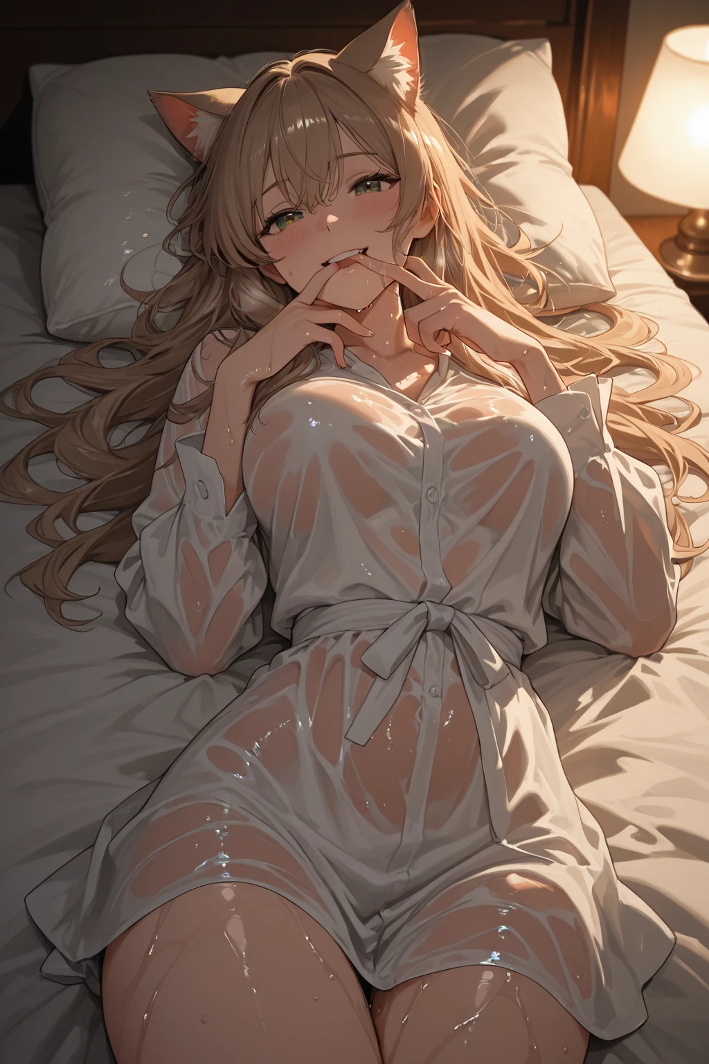 anime styled, Anime Artwork,The ultra -The high-definition,超A high resolution,An embarrassed expression of pleasure with one eye closed, Pretty lips,beautiful a girl,long eyelashes, Twin tails bundled with a red ribbon,a blond,length hair, A sheer bra with a thin and simple design,No panties, Panties, see -through,(barechested:1.4),(see -through:1.4),areola is showing through, Almost full nudity,bare-legged,opening legs,Open crotch,Draw the whole body from the top of the head to the toes。Bed with pink bedding,Crotch wide open,legs wide open,Full view of the crotch, On the verge of ??????,legs are not closed
