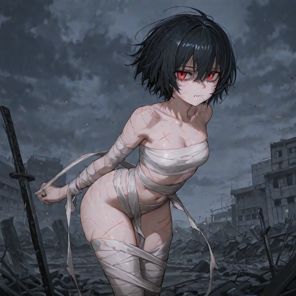((1 mulher zumbi)),((bandages on arms and legs))),((completely naked, buceta nua)), ((Seios enormes, seios nus)),((cabelo preto e branco muito comprido, olhos rochosos e vermelhos, hopeless face)),((Standing, 1 arm behind the back)),Em uma floresta assombrada, at night,