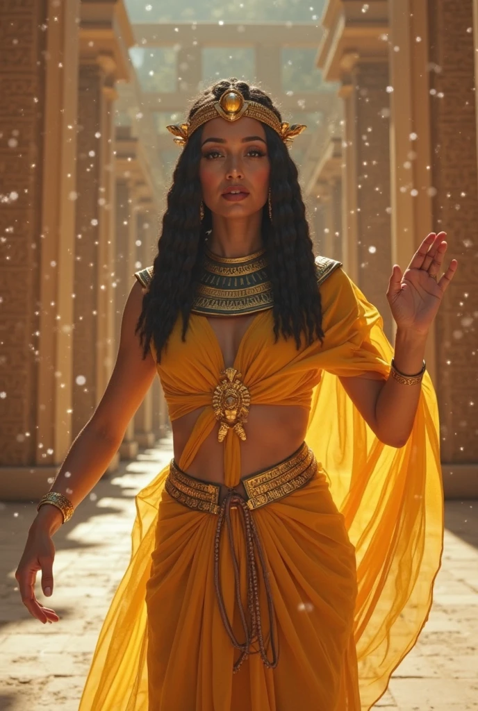 Create an illustration of Hathor, the Egyptian goddess of love, music, and joy. She stands gracefully in an ancient temple adorned with intricate hieroglyphs. Hathor wears a beautiful headdress featuring cow horns and a solar disk, and her flowing gown shimmers in the warm sunlight. Surround her with symbols of beauty and fertility, such as lotus flowers and musical instruments. Her serene and loving expression radiates a divine presence, capturing the essence of her role as a nurturing and joyous deity