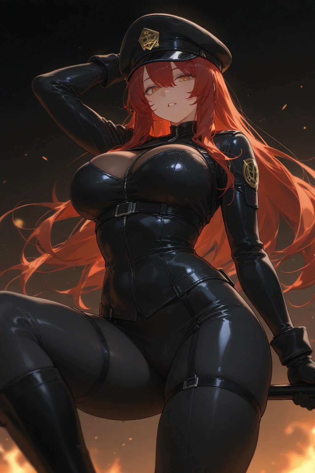 orange long hair,Sexy black leather hip skirt,Long black leather gloves,black pantyhoses,Black leather high heels