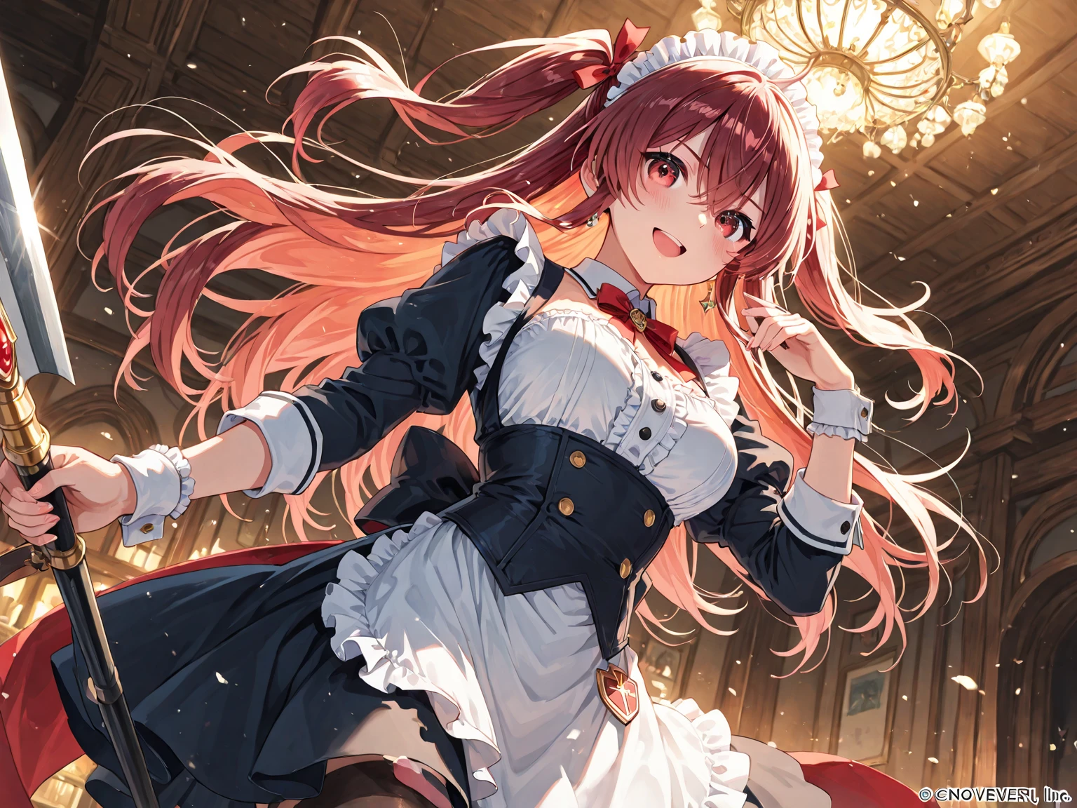 独奏,suzuhara lulu,bow,pink cardigan,brooch,white shirt,hair ornament,jewelry,medium hair,black beret,pink bows,blue eyes,fusion of light orange & light brown hair,bangs,frills,hairclips,long sleeves,hair curl inwards,tareme,cowboy shot,Free Pose、Shoulder Off、Cleavage exposure、Only one woman、Low - Angle