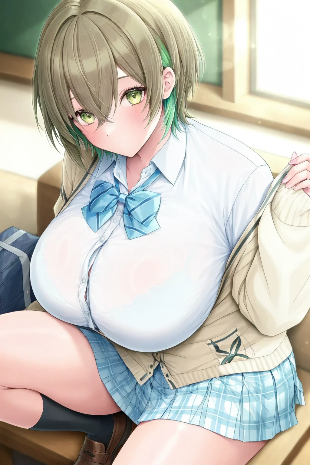 Highest quality, High resolution,8k、Beautiful Face、Perfect Face、One person、On the red bed、((Looking back、Doing the squatting pose、Having sex in the cowgirl position))、A large amount of semen is applied、expression(Oho face)、Climax、blush(1.9)、Sweat(1.9)、steam、Light green hair(side ponytail), Tree Eyes、dark green eyes,Medium hair, Mole under eye, Huge breasts(0.9), bangs(), Cleavage, clavicle,Big Butt, indoor、Bedroom,Yurucamp_Inuyama_aoi(anime、Hair clip、School uniform cosplay(Brown cardigan、Pink mini skirt、Exposing her breasts、Exposed nipples)、White knee sock high socks(Digging into the thighs)、{An angle looking at the buttocks from behind} One person黒人男性,naked、Big Penis、(A man is having sex in the cowgirl position )