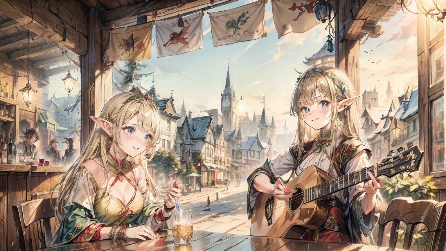 Anime Style,The medieval world,A lively bar with many people,Beautiful sky,Beautiful bard elf girl with closed eyes