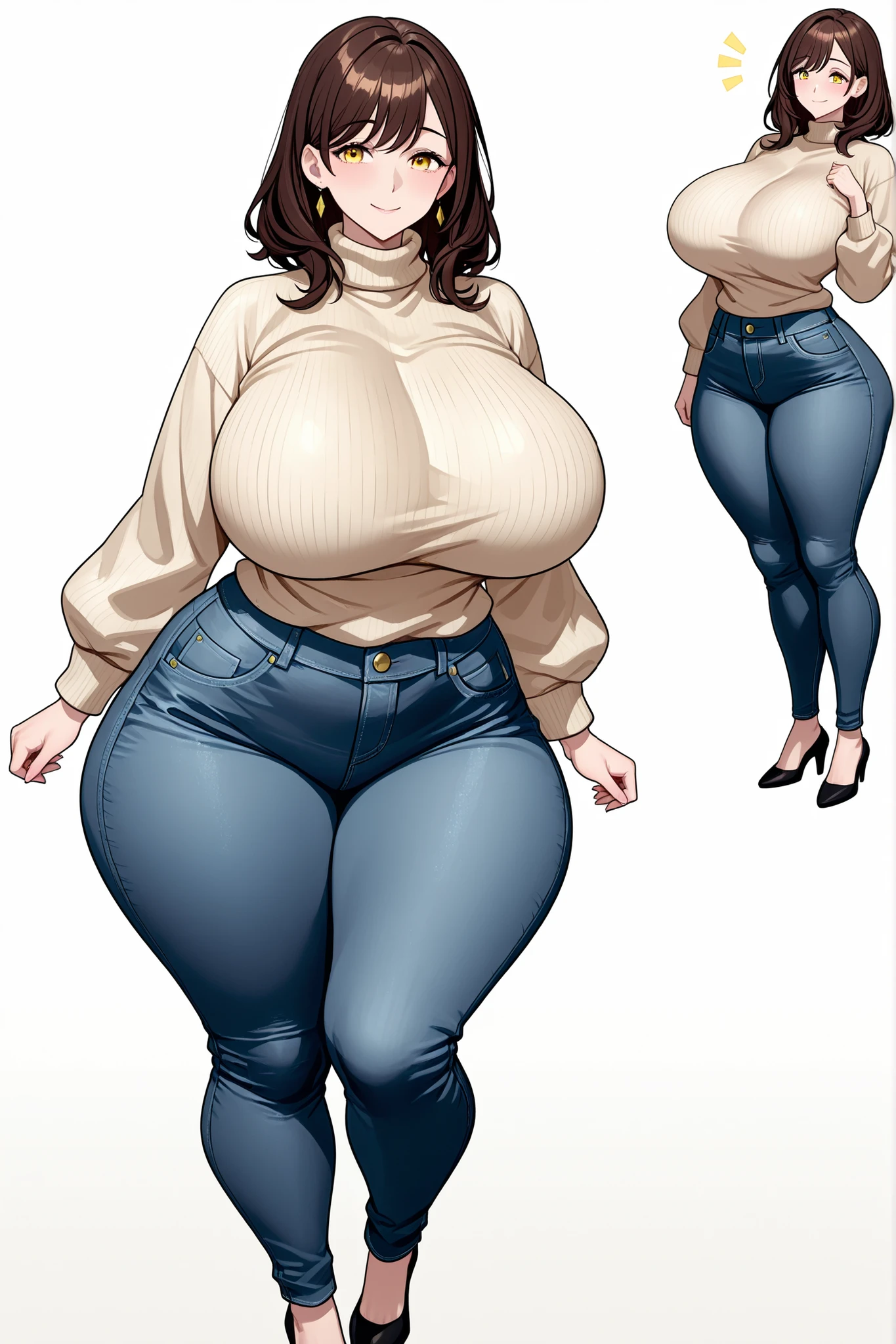 ((highres)), Masterpiece, high quality, best quality, beautiful, perfect lighting, detailed face, ultra cute face, ((1girl)), ((solo), short fluffy orange hair, green eyes, freckles, ((blush)), embarrassed, looking at viewer, arms behind back, standing in a changing room, (changing room), daytime, crop top, jeans, (((thick thighs))), ((wide hips)), cleavage, (medium breasts), (chubby), 20 year old female, 